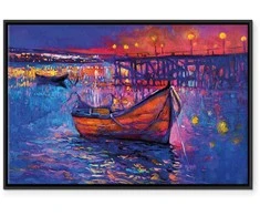 Artgeist Paveikslas - Modern impressionism - night landscape of a lake with a floating boat