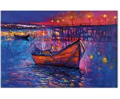 Artgeist Paveikslas - Modern impressionism - night landscape of a lake with a floating boat
