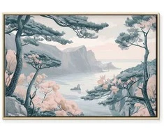 Artgeist Paveikslas - Mountainous Coast with Trees and Rocks in Light Pastel Blues