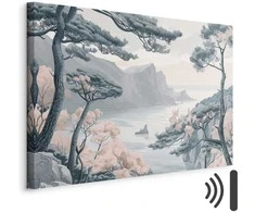 Artgeist Paveikslas - Mountainous Coast with Trees and Rocks in Light Pastel Blues