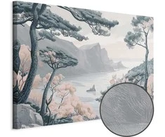 Artgeist Paveikslas - Mountainous Coast with Trees and Rocks in Light Pastel Blues
