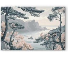 Artgeist Paveikslas - Mountainous Coast with Trees and Rocks in Light Pastel Blues
