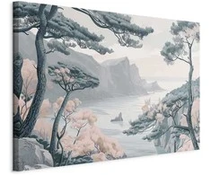 Artgeist Paveikslas - Mountainous Coast with Trees and Rocks in Light Pastel Blues