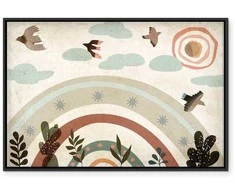 Artgeist Paveikslas - Rainbow and Sun Above - Birds in Subdued Colors Flying Among Clouds Above a Rainbow and Various Plants on a Light Background