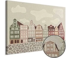 Artgeist Paveikslas - Salt Square - Colorful Illustrated Townhouses Against a Cloudy Sky Background