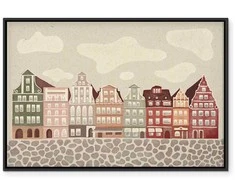 Artgeist Paveikslas - Salt Square - Colorful Illustrated Townhouses Against a Cloudy Sky Background