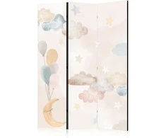 Artgeist Pertvara - Fairy-Tale Moon - Moon with Balloons Among Clouds and Stars in Subdued Colors on a Light rusvai gelsvas Background
