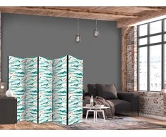 Artgeist Pertvara - Fish Jumping Above The Waves - Oriental Fish And Water Lilies Among High Waves in Shades of Sea Žalias
