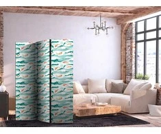 Artgeist Pertvara - Fish Leaping Above the Waves - Oriental Fish and Water Lilies Among High Waves in Sea Žalias Colors