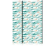 Artgeist Pertvara - Fish Leaping Above the Waves - Oriental Fish and Water Lilies Among High Waves in Sea Žalias Colors