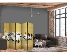 Artgeist Pertvara - Japanese cranes - a flock of birds against a golden background based on a painting by Ishida Yūtei