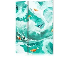 Artgeist Pertvara - Koi Fish Among Waves - Japanese Fish Among Waves in Shades of Turquoise And Baltas
