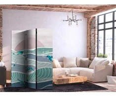 Artgeist Pertvara - Picturesque Landscape With Fish - Sunset And Koi Fish in Shades of Turquoise And Mėlyna. Floating Above The Water