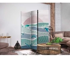 Artgeist Pertvara - Picturesque Landscape With Fish - Sunset And Koi Fish in Shades of Turquoise And Mėlyna. Floating Above The Water
