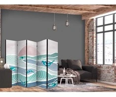 Artgeist Pertvara - Picturesque Landscape With Fish - Sunset And Koi Fish in Shades of Turquoise And Mėlyna. Floating Above The Water