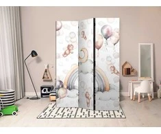 Artgeist Pertvara - Plush Bears with Balloons - Flying Light-Brown Bears Among Balloons - Clouds - and Rainbows in Subdued - Pastel Hues