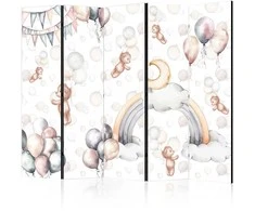 Artgeist Pertvara - Plush Bears with Balloons - Flying Light-Brown Bears Among Balloons - Clouds - and Rainbows in Subdued - Pastel Hues