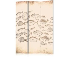 Artgeist Pertvara - Sketch of a Fish School - Sketches of Various Fish Species Swimming in a School on a rusvai gelsvas Background in Vintage Style