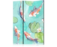 Artgeist Pertvara - Spectacular Fish - Baltas-Oranžinis Koi Fish Swimming in Crystal Clear Water with Water Lilies