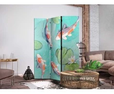 Artgeist Pertvara - Spectacular Fish - Baltas-Oranžinis Koi Fish Swimming in Crystal Clear Water with Water Lilies