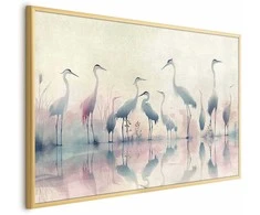 Artgeist Plakatas - Birds by the Lake - herons painted in watercolor in a delicate, pilka-pink palette