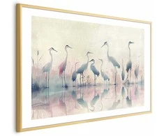 Artgeist Plakatas - Birds by the Lake - herons painted in watercolor in a delicate, pilka-pink palette