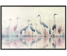 Artgeist Plakatas - Birds by the Lake - herons painted in watercolor in a delicate, pilka-pink palette