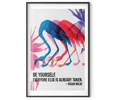 Artgeist Plakatas - Colorful Repetition - three flamingo silhouettes with an inspiring quote