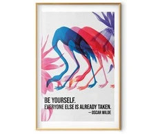 Artgeist Plakatas - Colorful Repetition - three flamingo silhouettes with an inspiring quote