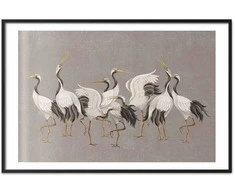 Artgeist Plakatas - Crane Dance - light bird silhouettes on a warm-pilka textured background
