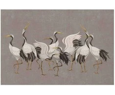 Artgeist Plakatas - Crane Dance - light bird silhouettes on a warm-pilka textured background