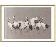 Artgeist Plakatas - Crane Dance - light bird silhouettes on a warm-pilka textured background