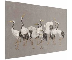 Artgeist Plakatas - Crane Dance - light bird silhouettes on a warm-pilka textured background