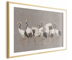 Artgeist Plakatas - Crane Dance - light bird silhouettes on a warm-pilka textured background