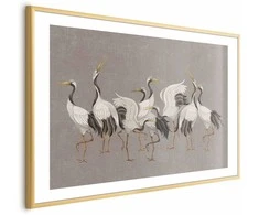 Artgeist Plakatas - Crane Dance - light bird silhouettes on a warm-pilka textured background