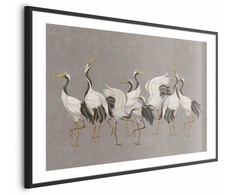 Artgeist Plakatas - Crane Dance - light bird silhouettes on a warm-pilka textured background