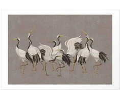 Artgeist Plakatas - Crane Dance - light bird silhouettes on a warm-pilka textured background