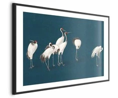 Artgeist Plakatas - Evening at the Pond - group of cranes drawn in dry pastel on a dark turquoise background