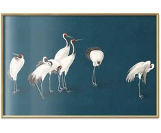Artgeist Plakatas - Evening at the Pond - group of cranes drawn in dry pastel on a dark turquoise background