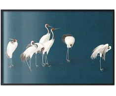 Artgeist Plakatas - Evening at the Pond - group of cranes drawn in dry pastel on a dark turquoise background
