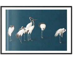 Artgeist Plakatas - Evening at the Pond - group of cranes drawn in dry pastel on a dark turquoise background