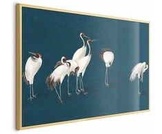 Artgeist Plakatas - Evening at the Pond - group of cranes drawn in dry pastel on a dark turquoise background