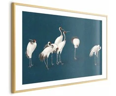 Artgeist Plakatas - Evening at the Pond - group of cranes drawn in dry pastel on a dark turquoise background