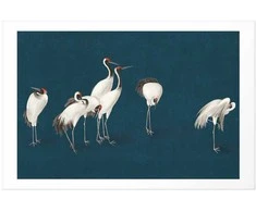 Artgeist Plakatas - Evening at the Pond - group of cranes drawn in dry pastel on a dark turquoise background
