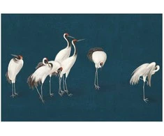 Artgeist Plakatas - Evening at the Pond - group of cranes drawn in dry pastel on a dark turquoise background