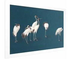 Artgeist Plakatas - Evening at the Pond - group of cranes drawn in dry pastel on a dark turquoise background