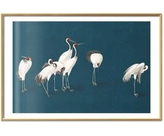 Artgeist Plakatas - Evening at the Pond - group of cranes drawn in dry pastel on a dark turquoise background