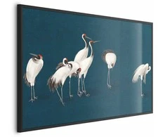 Artgeist Plakatas - Evening at the Pond - group of cranes drawn in dry pastel on a dark turquoise background