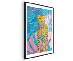 Artgeist Plakatas - Exotic Leopard - colorful portrait of a cheetah against tropical leaves