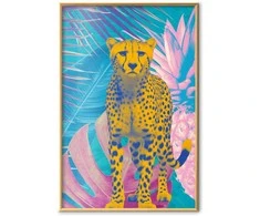 Artgeist Plakatas - Exotic Leopard - colorful portrait of a cheetah against tropical leaves